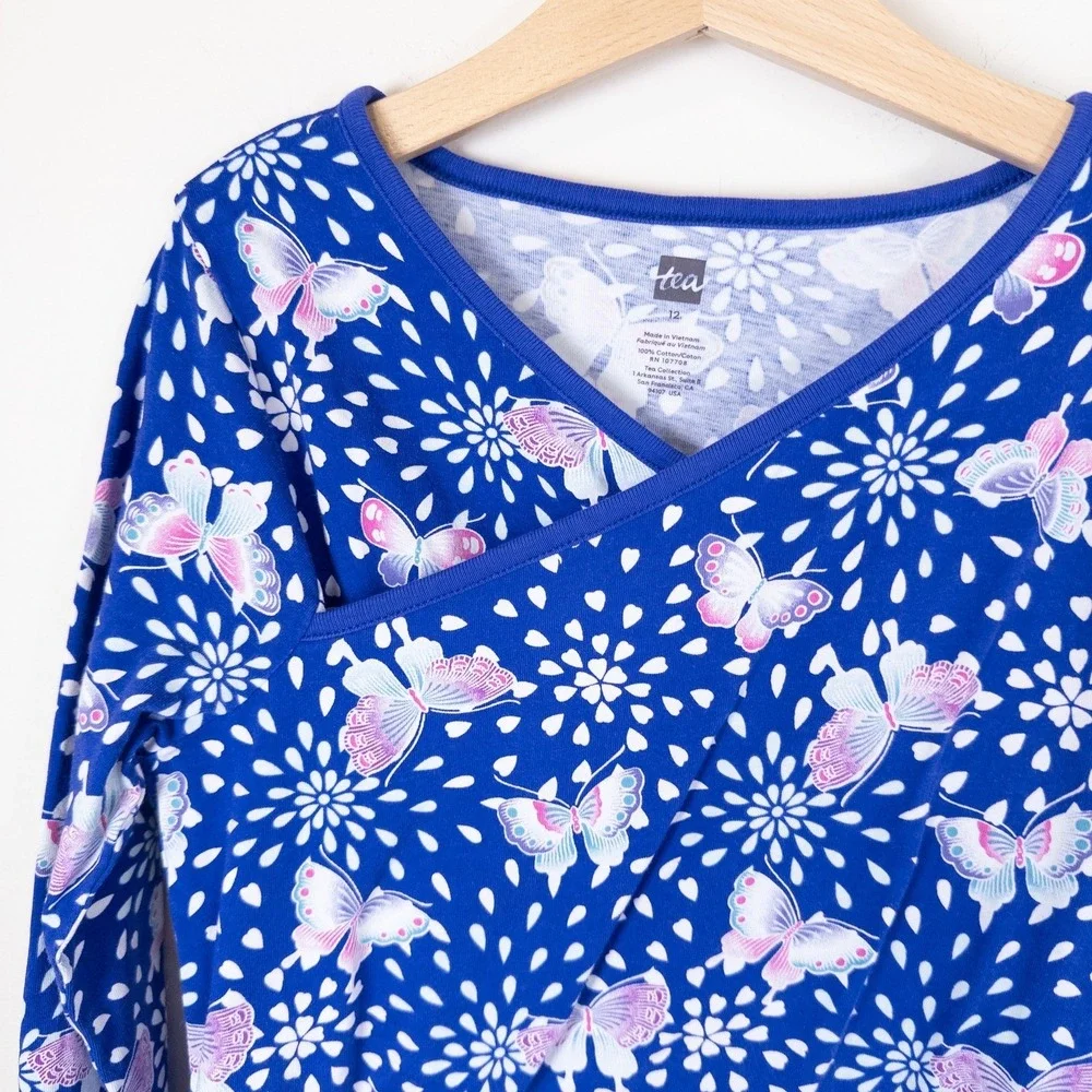 Tea Collection Dress Girls 12 Blue Butterfly Floral Long Sleeve Wrap Neck Cotton